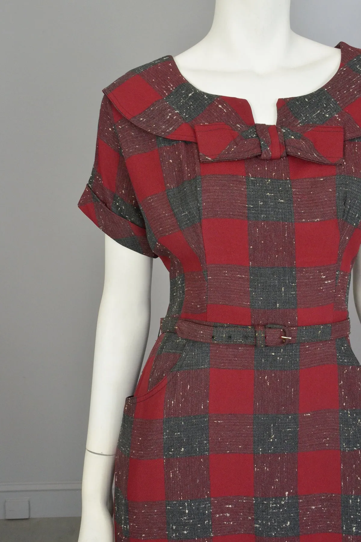 1940s 50s Red Wine Gray Plaid Wiggle Secretary Dress