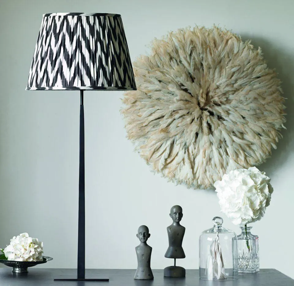 25cm empire gathered lampshade in black printed linen ikat