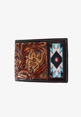 3D Mens Hand Tooled Floral Embroidered Inlay Bifold Wallet