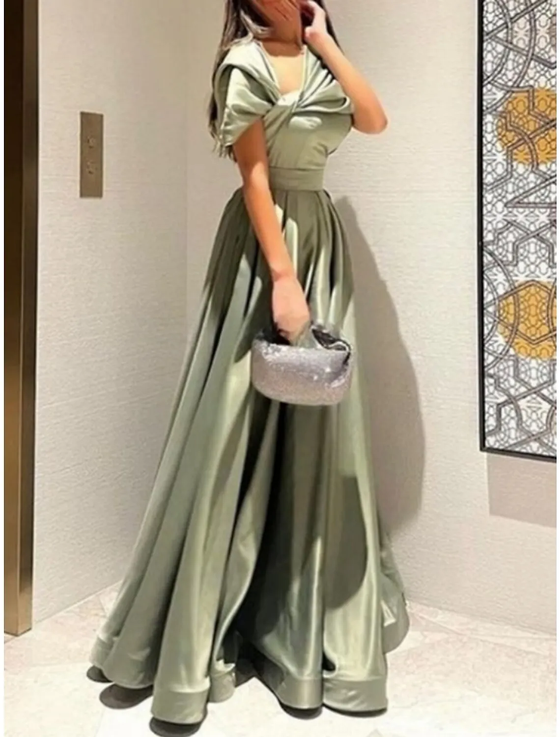 A-Line Evening Gown Elegant Dress Formal Floor Length Christmas Red Green Dress Short Sleeve Off Shoulder Satin with Pleats Ruched