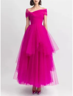 A-Line Evening Gown Party Dress Puffy Dress Formal Fall Ankle Length Short Sleeve Off Shoulder Tulle with Pleats Ruched