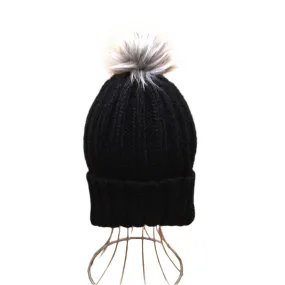 Avenel Acrylic Knit Beanie with Fur Pom Pom Black