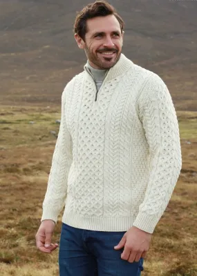 Ballycroy Mens Aran Half Zip Sweater | Natural