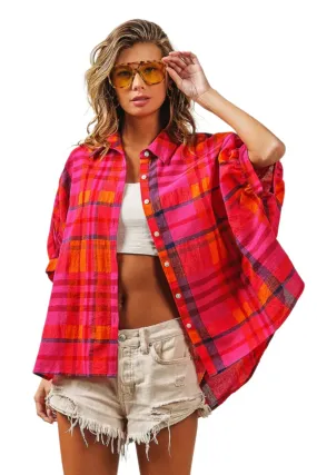 BiBi Button Up Dolman Sleeve Plaid Shirt