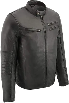 Black Sheepskin Leather Euro Collar Side Stitch Cafe Racer Jacket