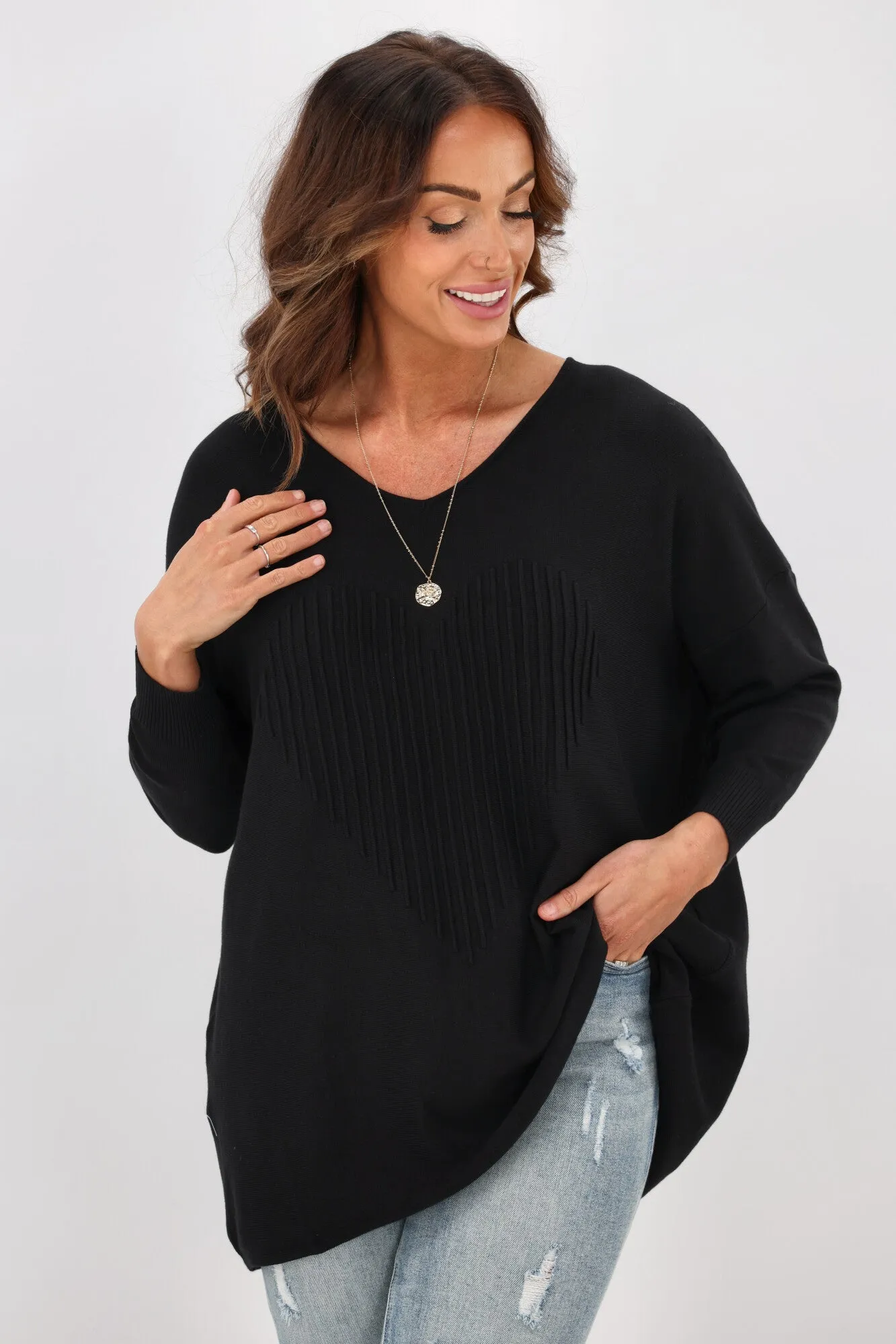 Cali & Co V Neck Heart Pattern Knit Top Black