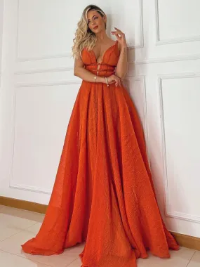 Charming V-neck A-line Orange Long Simple Prom Dresses,SFPD0171