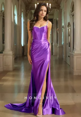 Chic Satin Trumpet Sweetheart Spaghetti Straps Beaded  Long Prom Dress