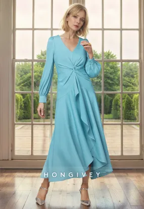 Elegant Chiffon A-Line V-Neck Long Sleeve Ruched Mother of the Bride Dress