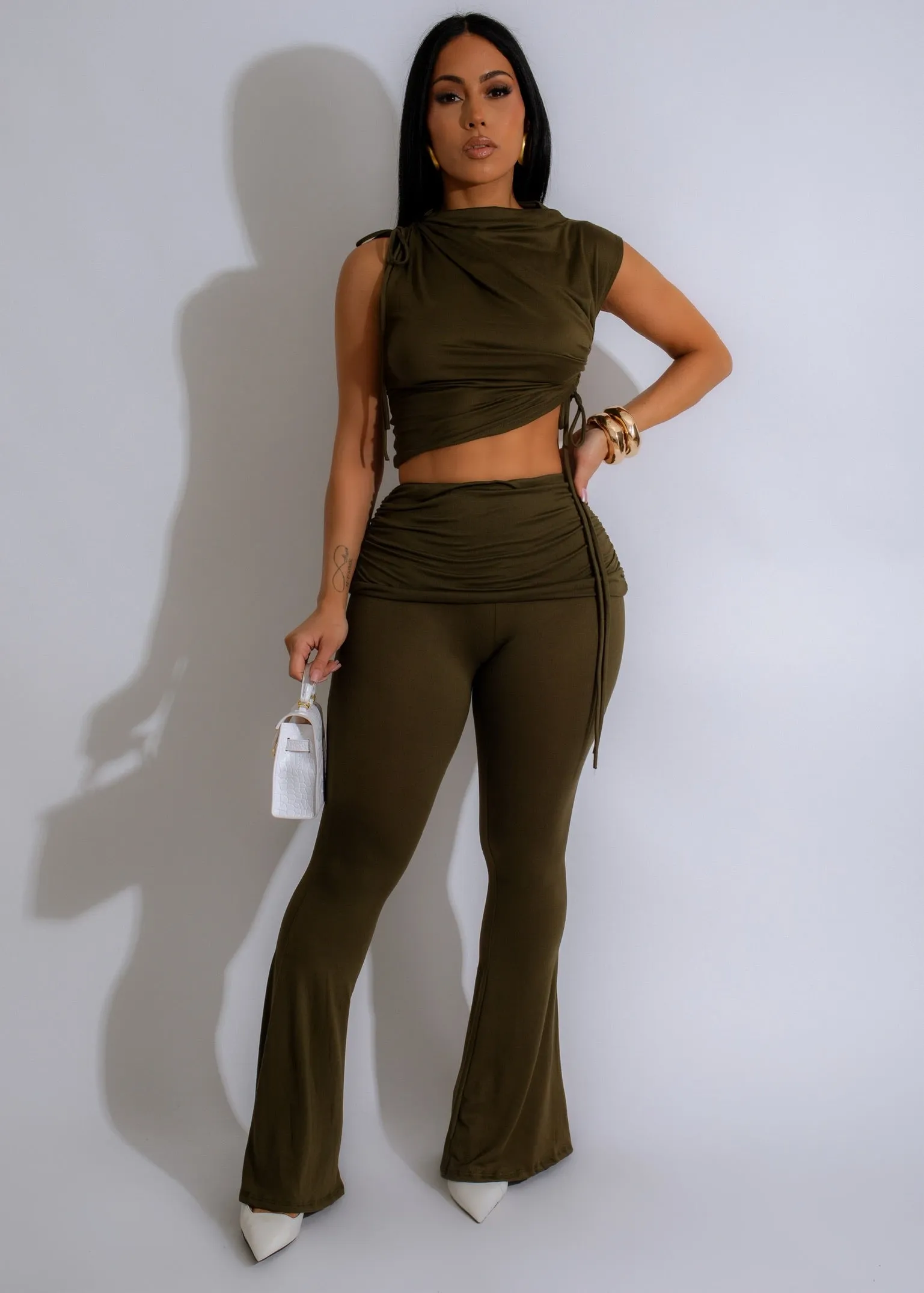 Enchanted Drape Ruched Pant Set Green