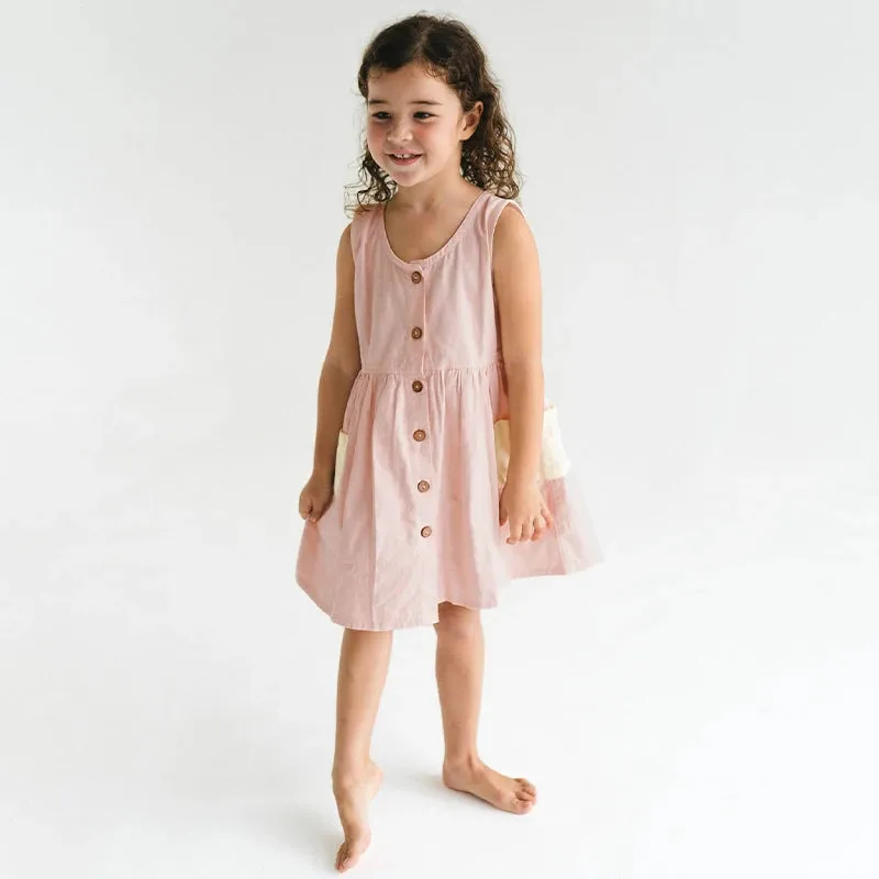 Girl Retro Linen Splicing Pockets Dress, Toddler Casual Loose Round Neck Buttons Cotton And Linen Dress 2-6T