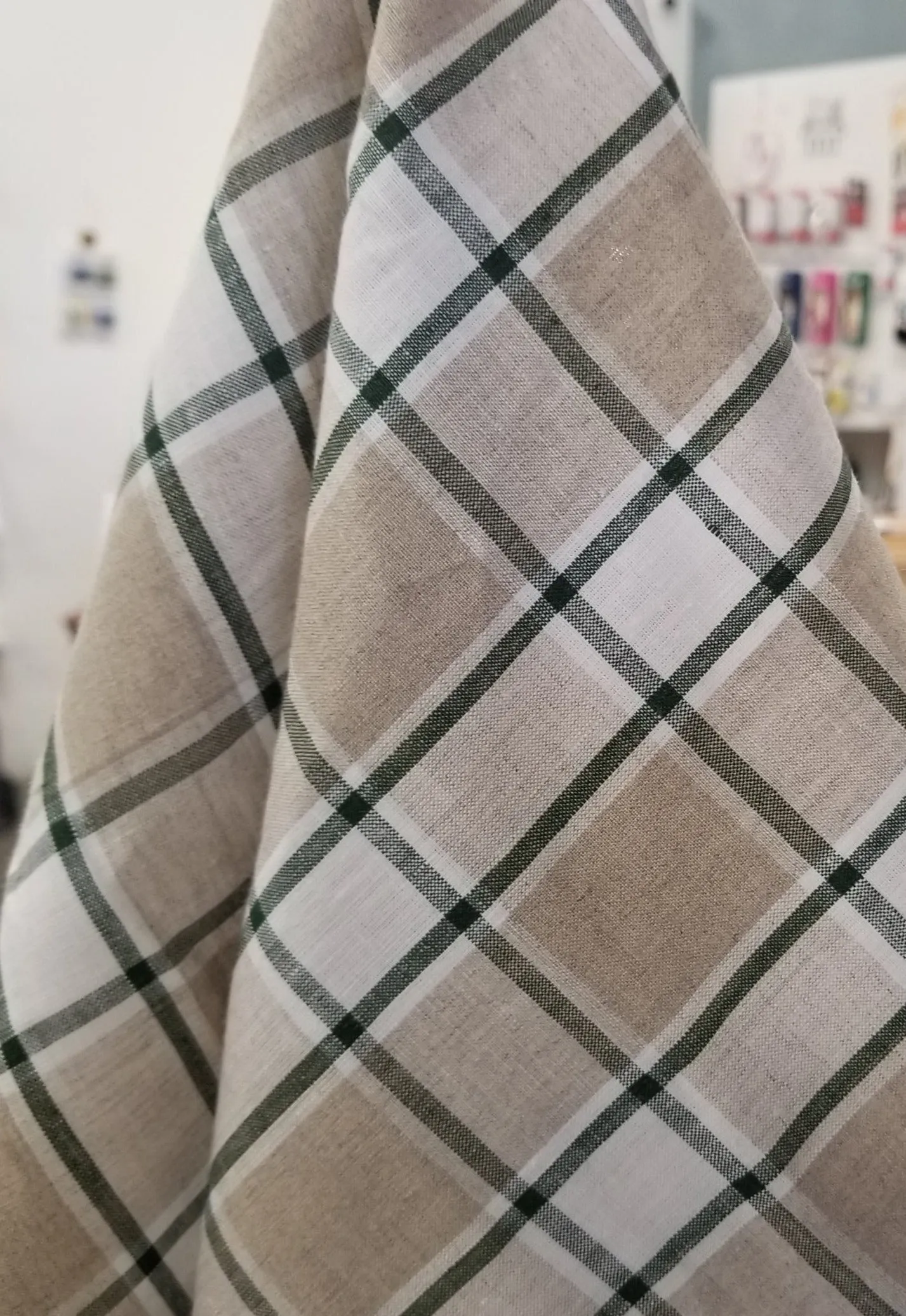 Irish Linen Plaid Green and Tan Bryson Woven 194 GSM- by the yard