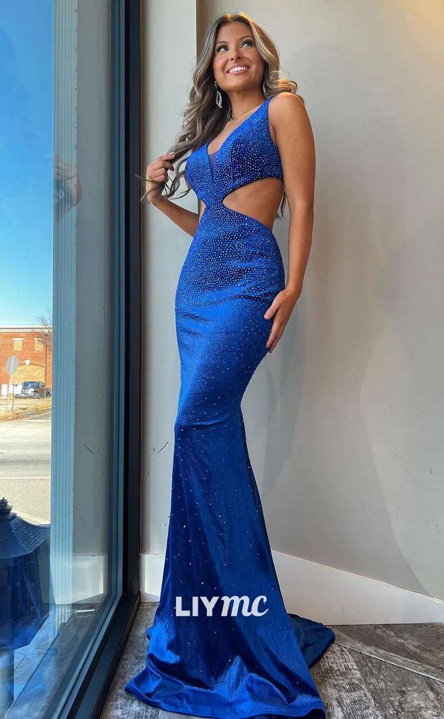 LP1091 - Sexy V Neck Beads Mermaid Formal Prom Dress