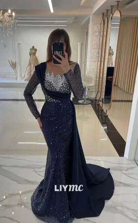 LP1170 - Illusion V Neck Beads Long Sleeves Mermaid Formal Evening Dress