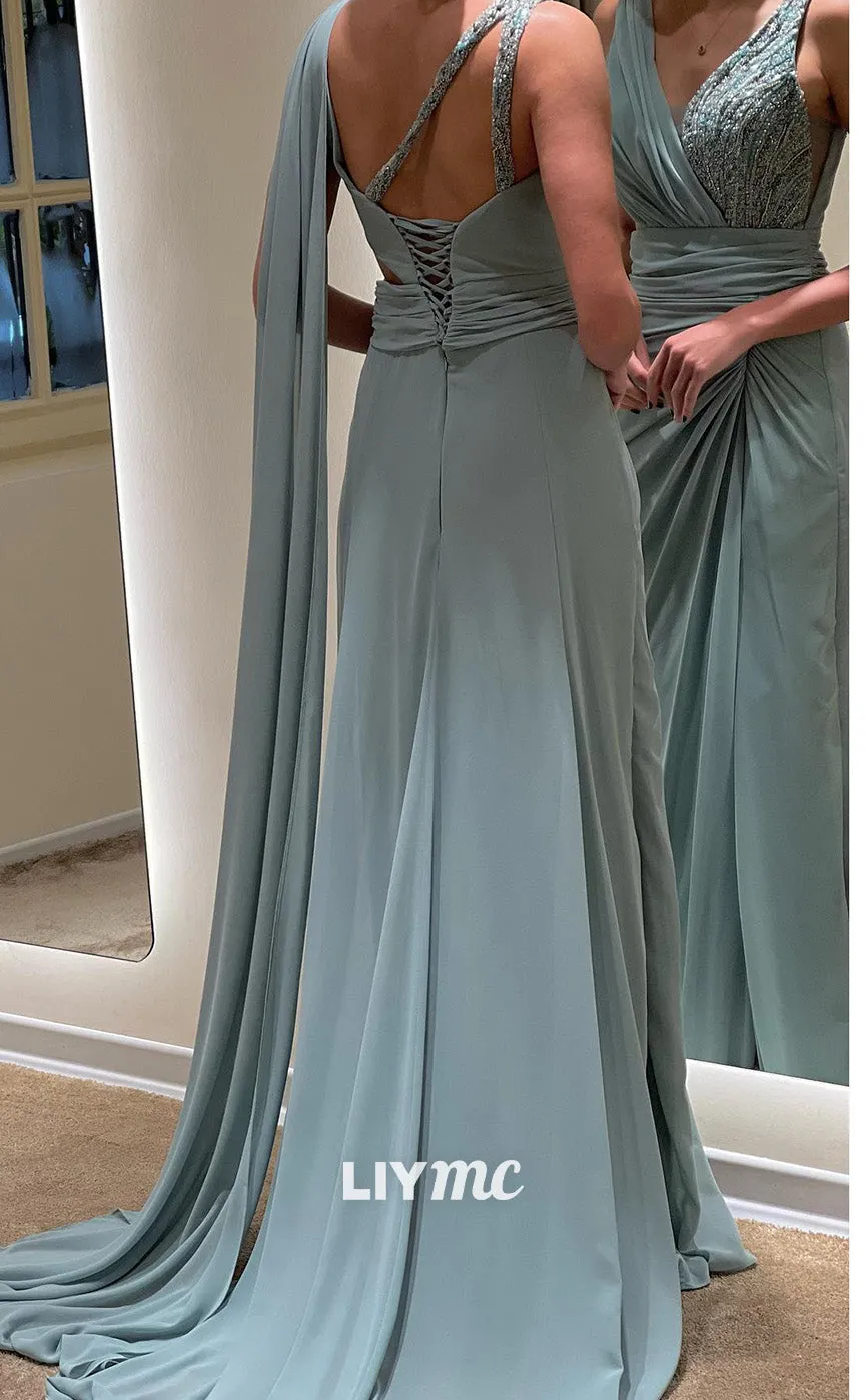 LP1838 - V-Neck Sleeveless Beaded Ruched Side Slit Sleek Satin Sheath Prom Dress