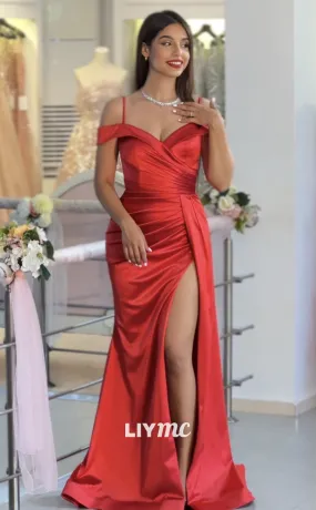 LP1991 - V-Neck Spaghetti Straps Ruched Sleek Satin High Slit Prom Dress