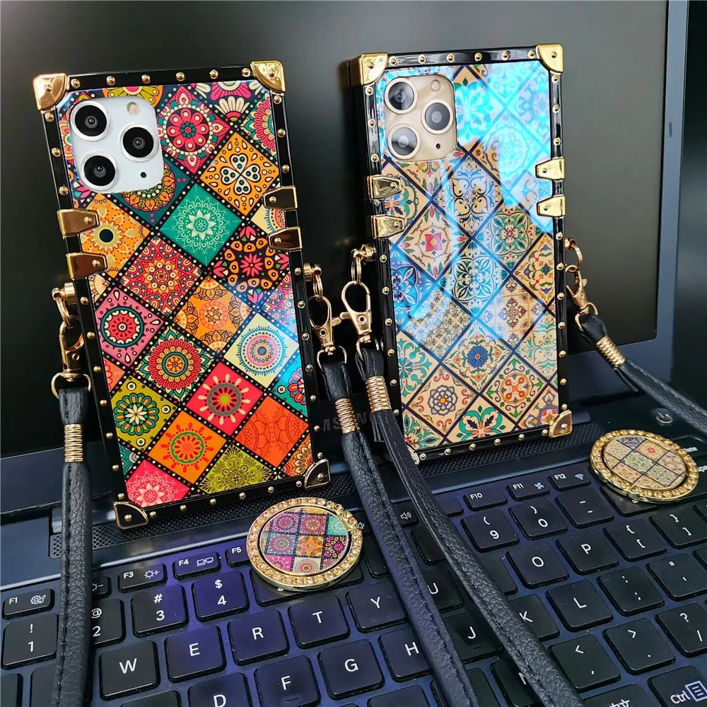 Luxury Vintage Flower Case For iPhone 13 PRO Max XS X XR Square Plaid Cover Lanyard Case for iphone 14 12 PRO 11 6S 7 8 14 Plus