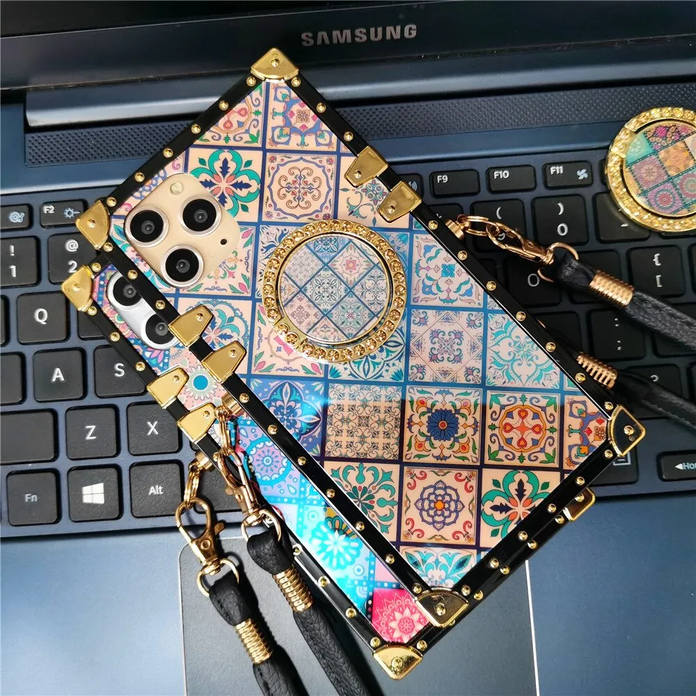 Luxury Vintage Flower Case For iPhone 13 PRO Max XS X XR Square Plaid Cover Lanyard Case for iphone 14 12 PRO 11 6S 7 8 14 Plus