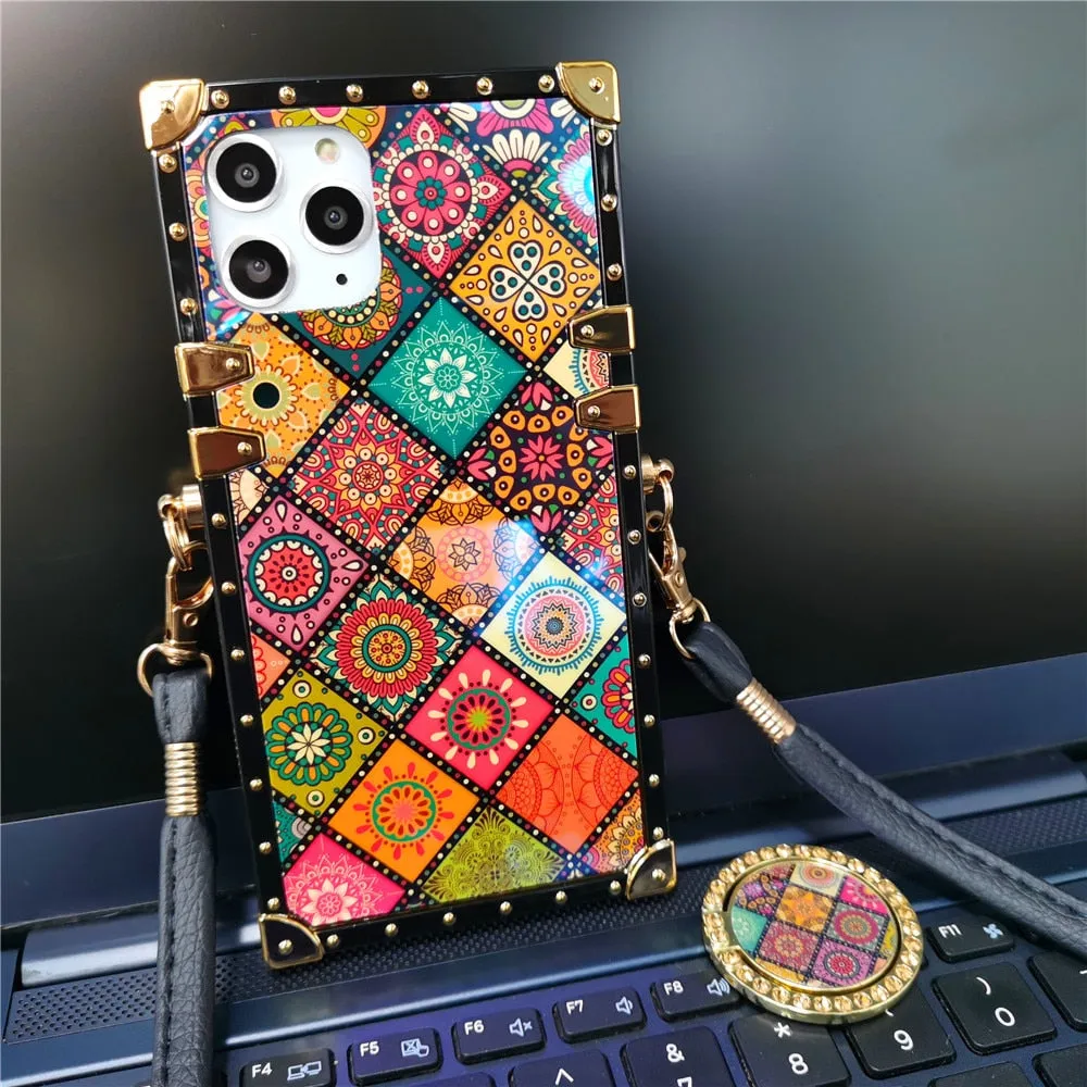 Luxury Vintage Flower Case For iPhone 13 PRO Max XS X XR Square Plaid Cover Lanyard Case for iphone 14 12 PRO 11 6S 7 8 14 Plus