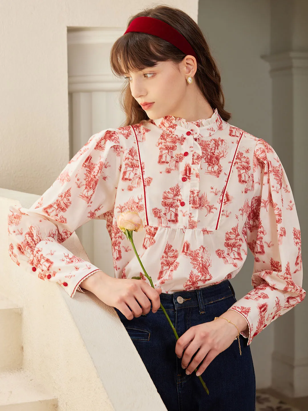 Maddie Vintage Mock Neck Ruffled Paneled Blouse