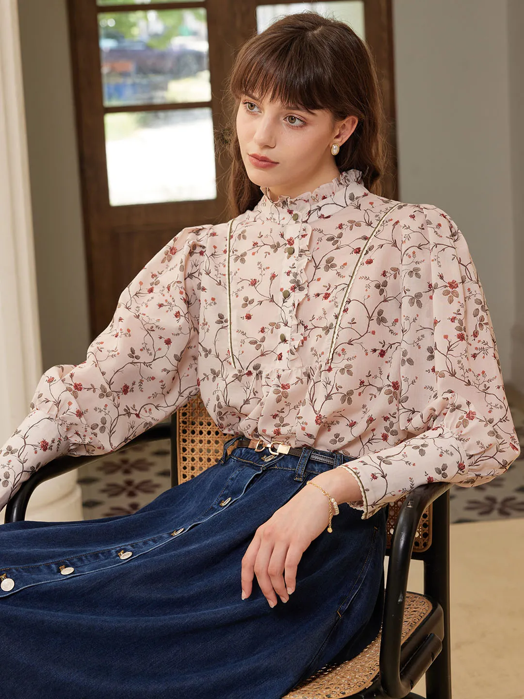 Maddie Vintage Mock Neck Ruffled Paneled Blouse