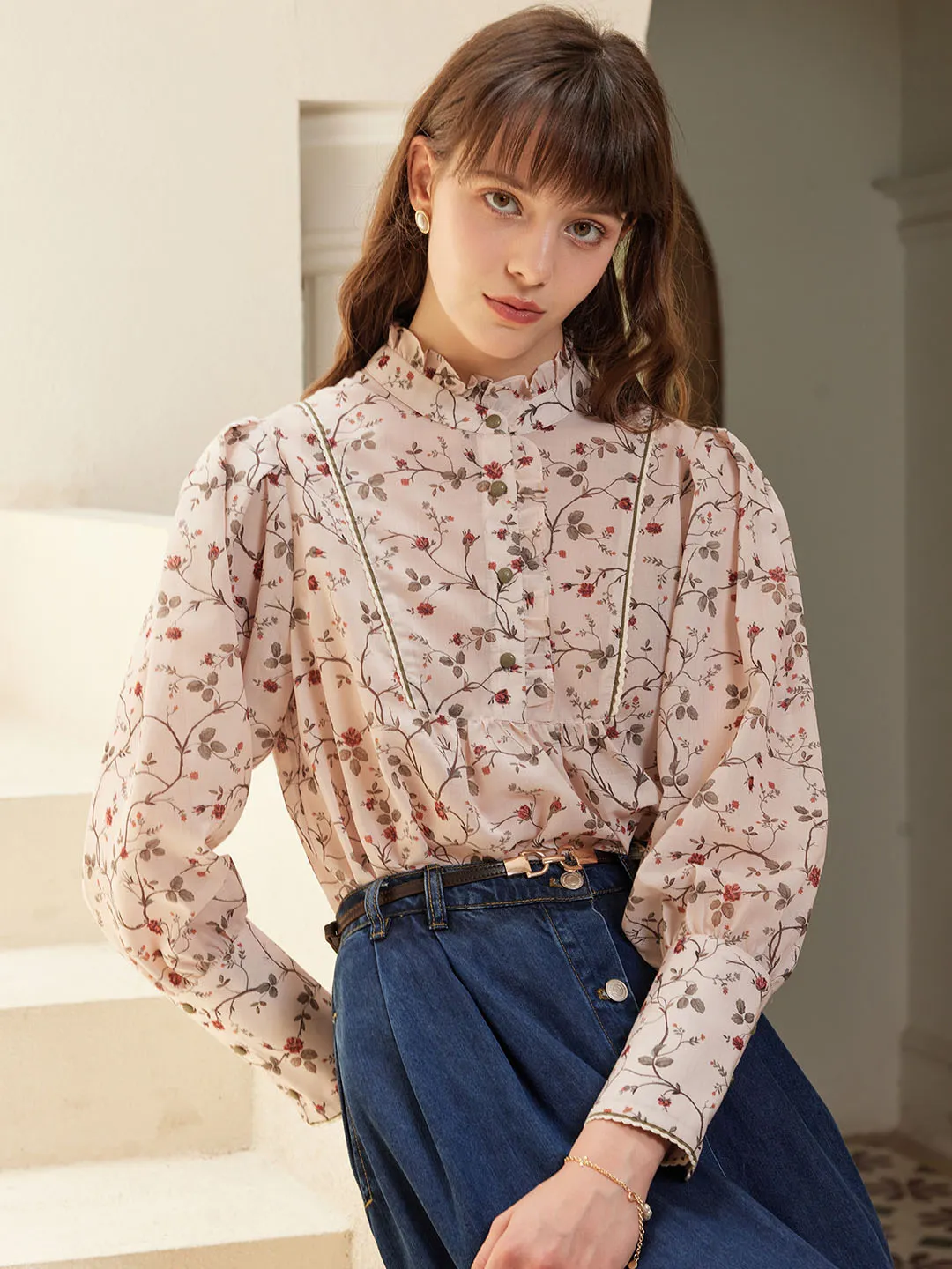 Maddie Vintage Mock Neck Ruffled Paneled Blouse