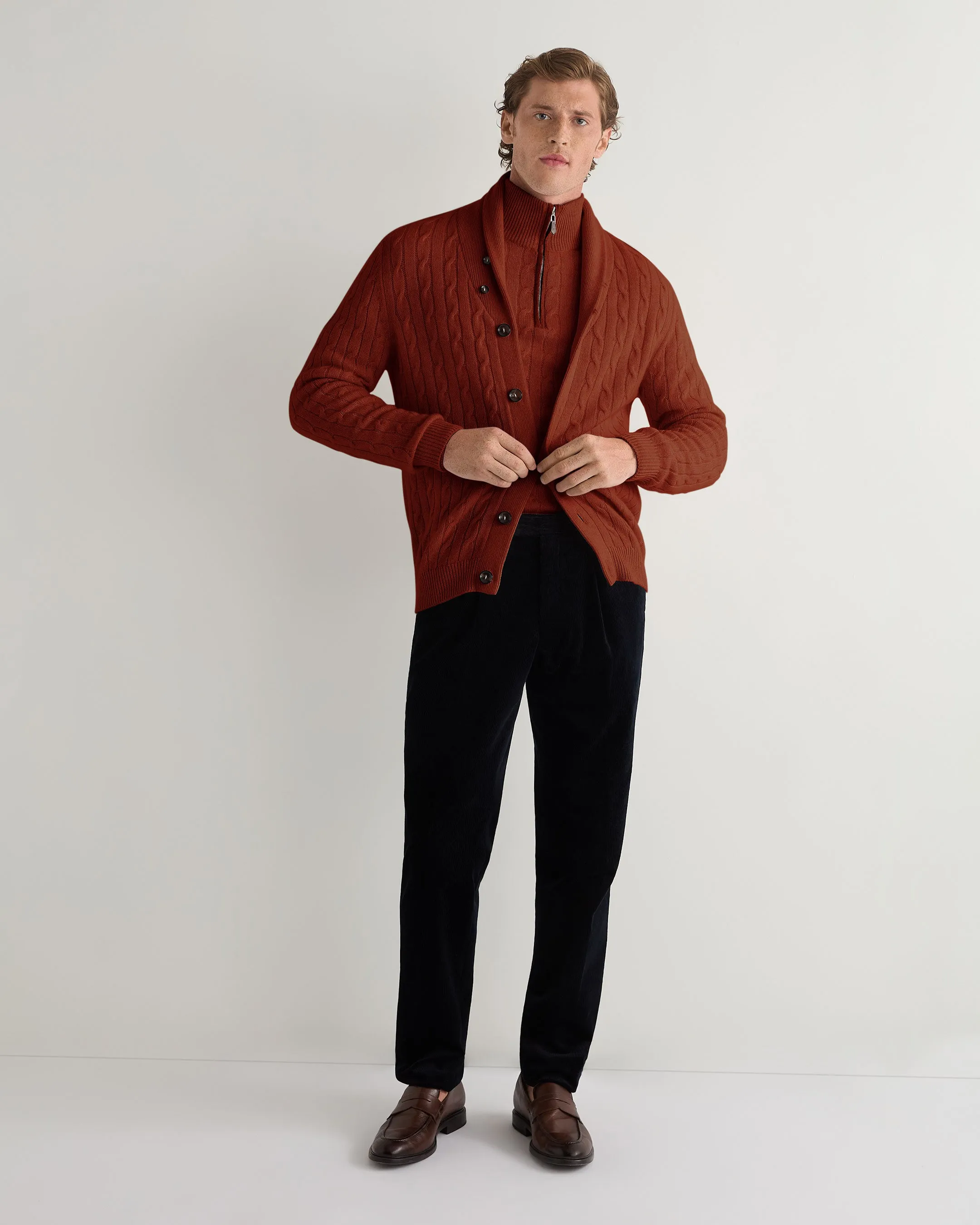 Men's Albemarle Cable Half Zip Cashmere Jumper Spice Orange