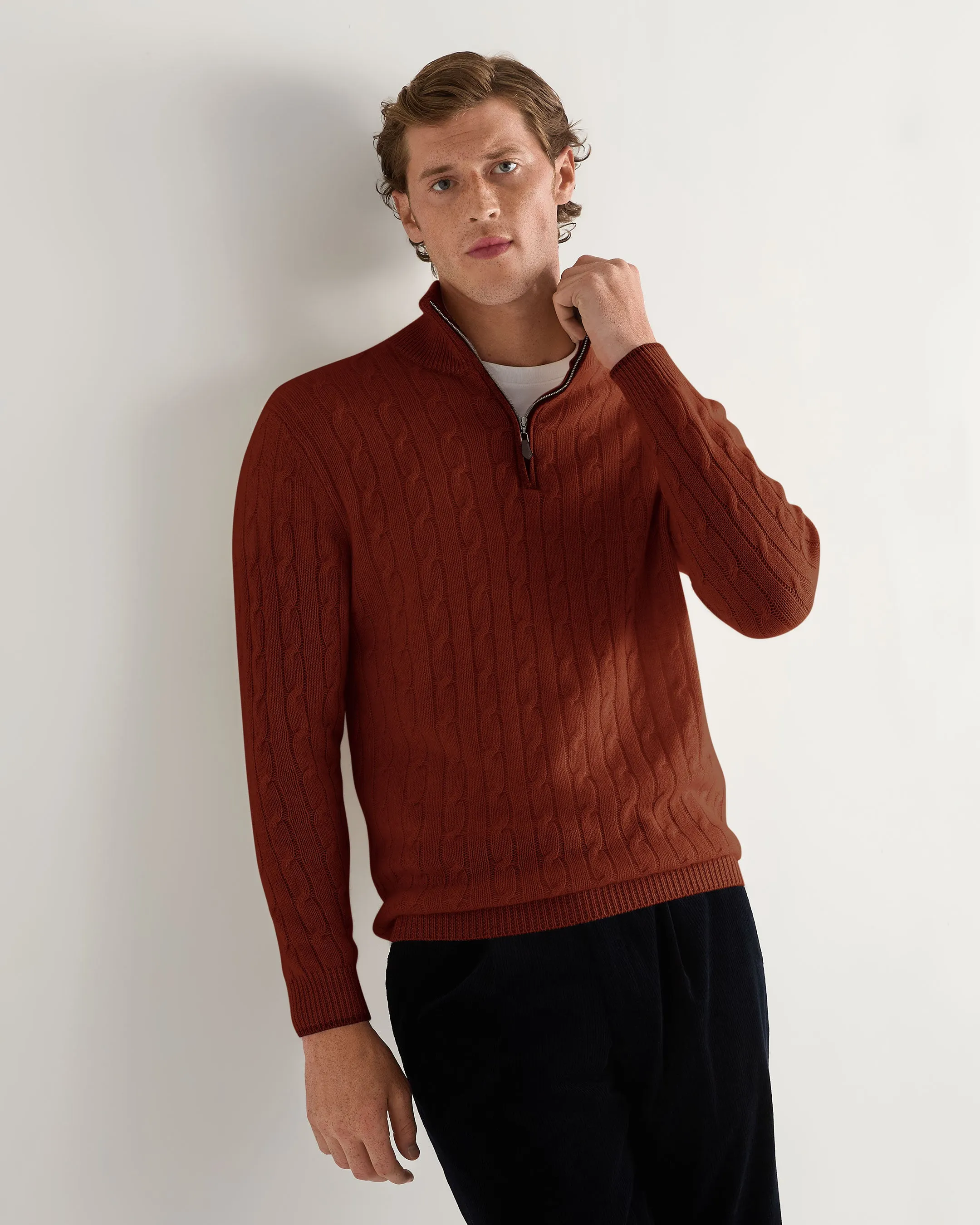 Men's Albemarle Cable Half Zip Cashmere Jumper Spice Orange