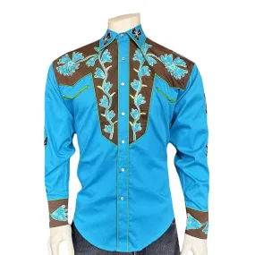 Men's Floral 2-Tone Brown & Turquoise Embroidered Western Shirt