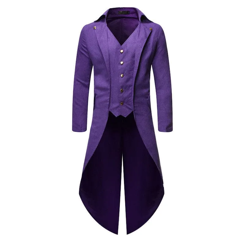 Men's Long Sleeve Solid Color Tuxedo Tailcoat Jacket with Waistcoat