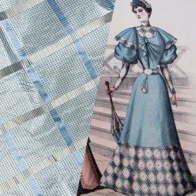 Miss Jaqueline Designer 100% Silk Taffeta Gingham Ribbon Square Stripes Fabric - Blue and Gold SB_6_28