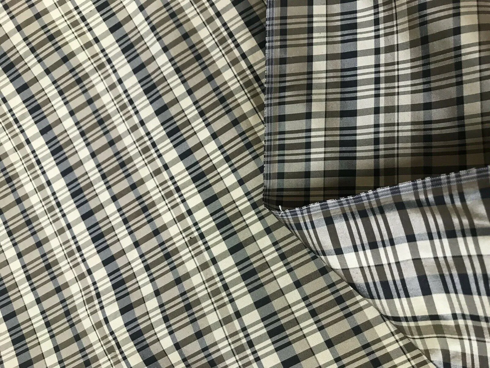 NEW Lady Riley Designer 100% Silk Taffeta Plaid Tartan Fabric- Black Taupe Cream SB_6_38