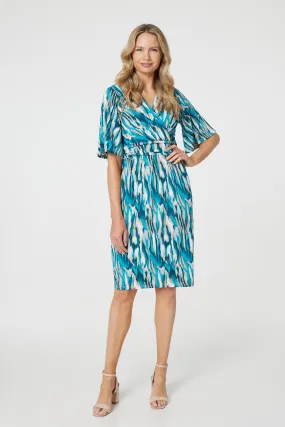 Printed 1/2 Angel Sleeve Faux Wrap Dress