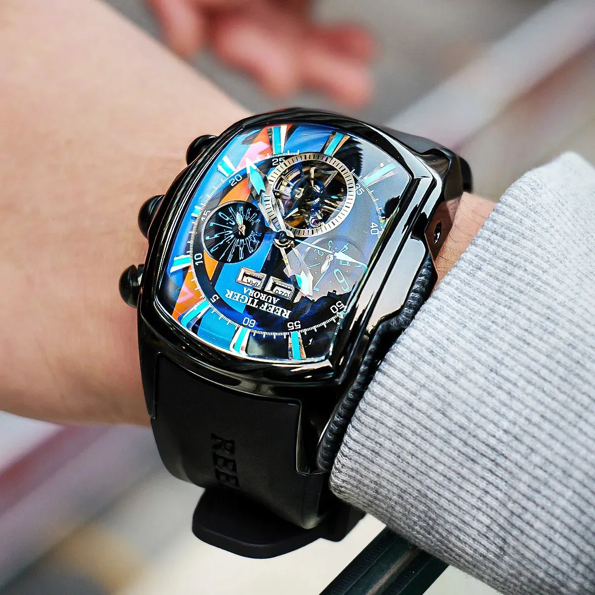 Reef Tiger/RT Designer Men Sport Watches Tourbillon Blue Dial Analog Display Rubber Strap Luminous Clock