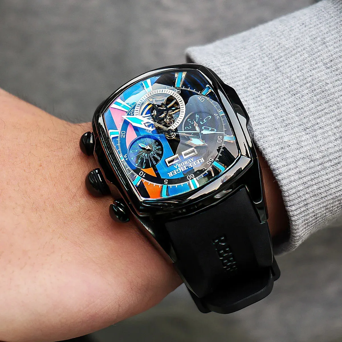 Reef Tiger/RT Designer Men Sport Watches Tourbillon Blue Dial Analog Display Rubber Strap Luminous Clock