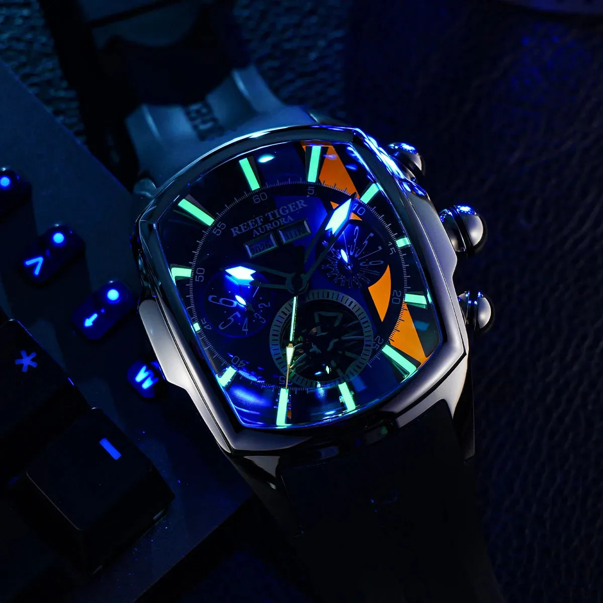 Reef Tiger/RT Designer Men Sport Watches Tourbillon Blue Dial Analog Display Rubber Strap Luminous Clock