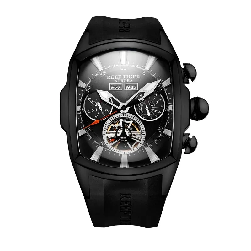 Reef Tiger/RT Designer Men Sport Watches Tourbillon Blue Dial Analog Display Rubber Strap Luminous Clock