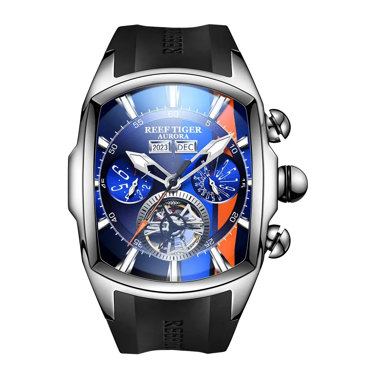 Reef Tiger/RT Designer Men Sport Watches Tourbillon Blue Dial Analog Display Rubber Strap Luminous Clock