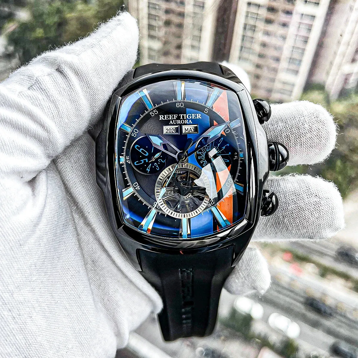 Reef Tiger/RT Designer Men Sport Watches Tourbillon Blue Dial Analog Display Rubber Strap Luminous Clock