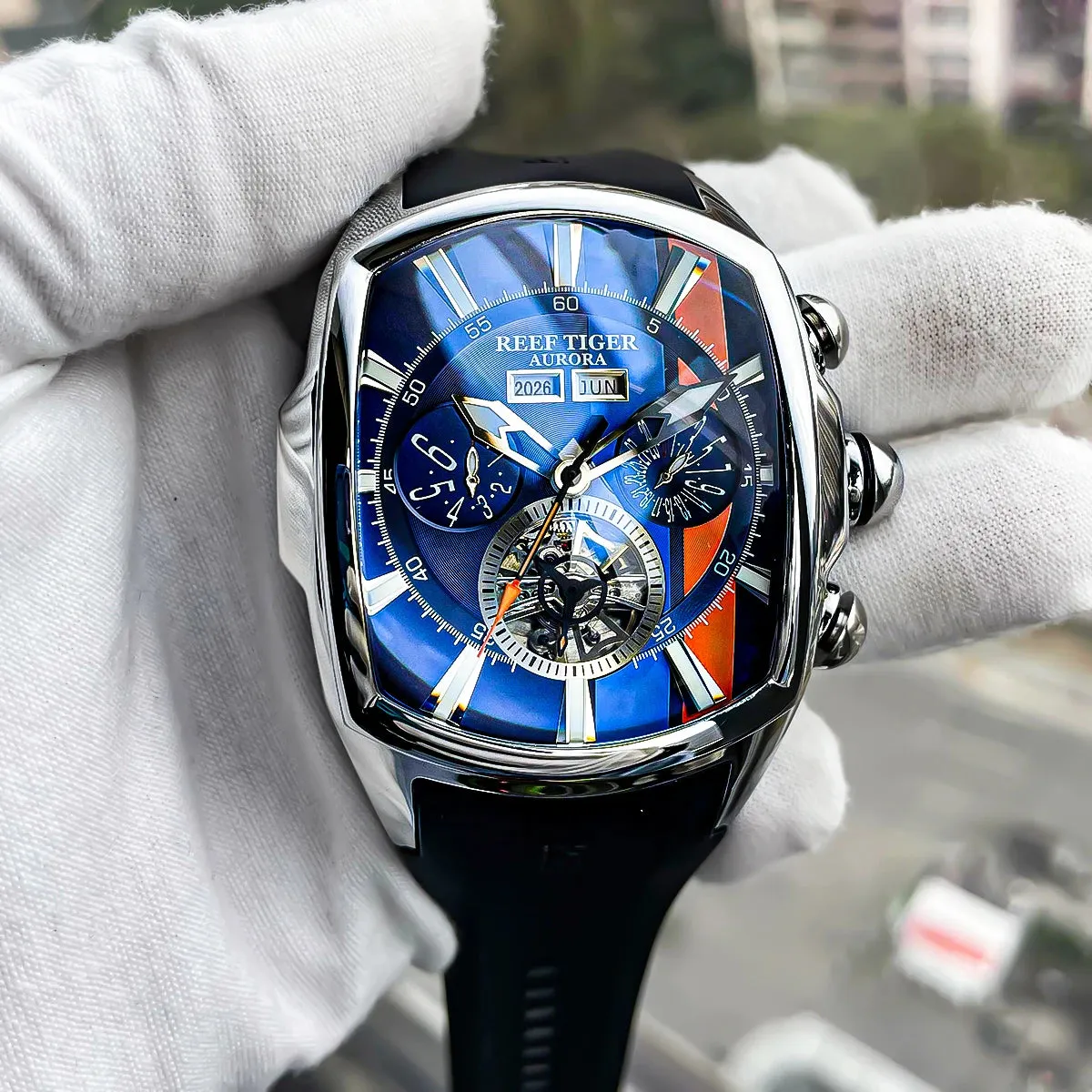 Reef Tiger/RT Designer Men Sport Watches Tourbillon Blue Dial Analog Display Rubber Strap Luminous Clock