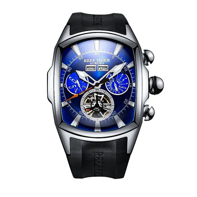 Reef Tiger/RT Designer Men Sport Watches Tourbillon Blue Dial Analog Display Rubber Strap Luminous Clock