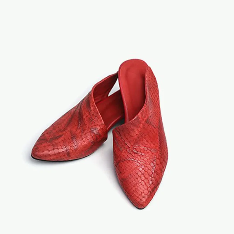 Retro Leather Mules Summer Slippers  Handmade Slide Sandals Splicing Grey/Red