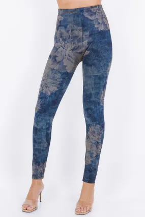 Reverse Dye Peonies on Denim Printed Leggings