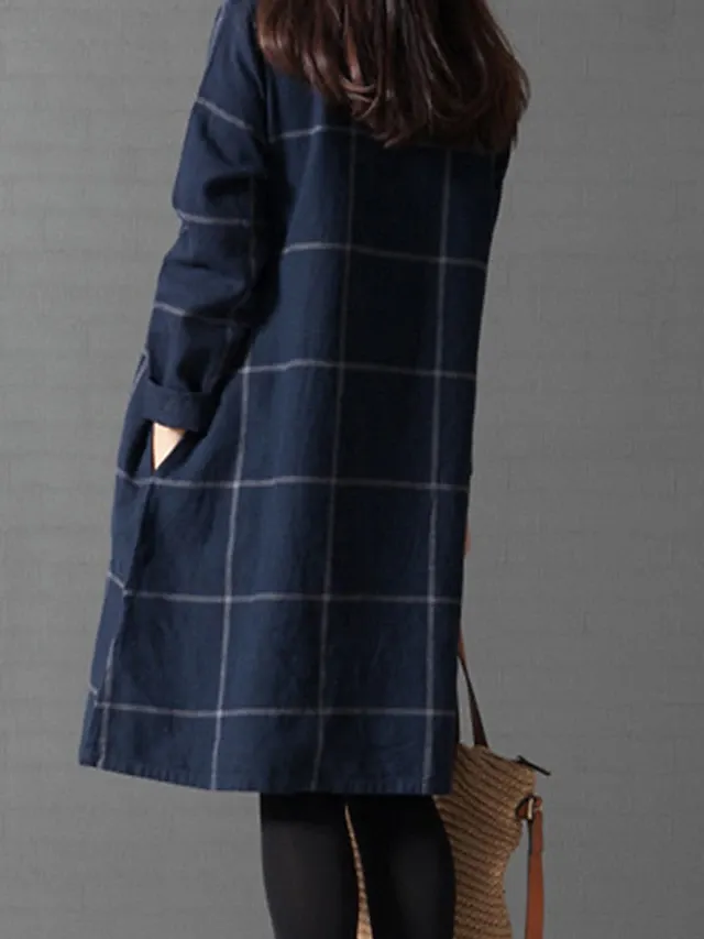 Women's Casual Dress Cotton Linen Dress Plaid Dress Midi Dress Polyester Basic Classic Outdoor Daily Vacation Crew Neck Pocket Print Long Sleeve Fall Winter Autumn 2023 Loose Fit Navy Blue Plaid L XL