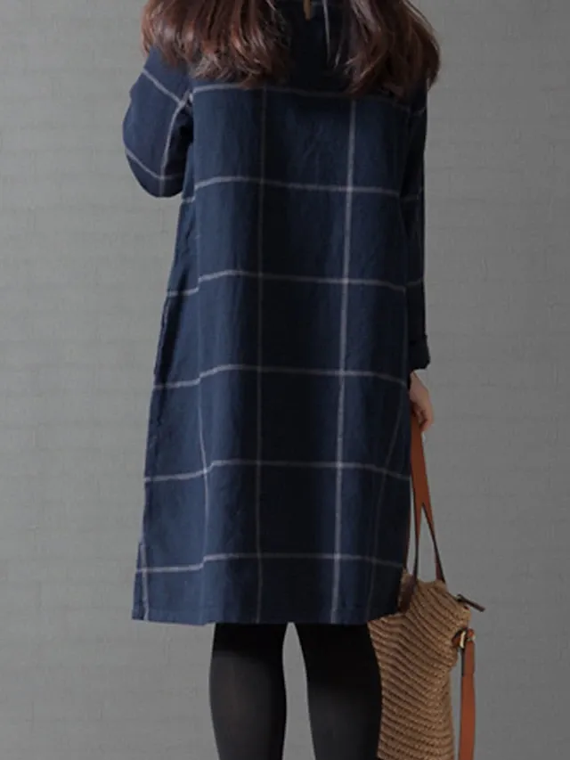 Women's Casual Dress Cotton Linen Dress Plaid Dress Midi Dress Polyester Basic Classic Outdoor Daily Vacation Crew Neck Pocket Print Long Sleeve Fall Winter Autumn 2023 Loose Fit Navy Blue Plaid L XL